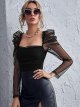 Women's Puff Sleeve Square Neck Mesh Surplice Ruched Bodysuit